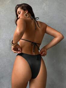 Aloruh Đồ bơi nữ, Đồ đi biển màu trơn, Vải phủ kim loại bóng, phong cách cổ điển lãng mạn thanh lịch, Cúp tam giác nhỏ, dây buộc kiểu dáng ba điểm, trang trí vỏ sò, bộ bikini màu đen - màu đen - Xem 2