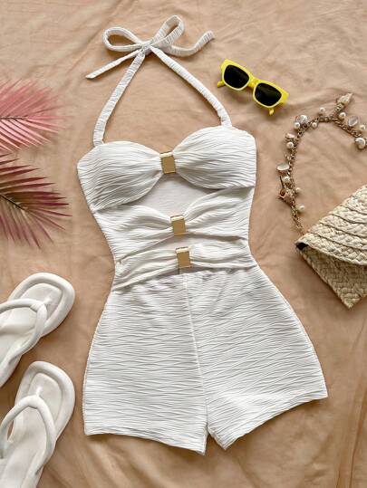 Soleia 新款开放式针织纹理面料连体裤，带金属装饰，适合下午茶、海滩等场合