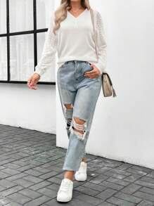 SHEIN LUNE Jersey De Punto De Agujero Con Mangas Raglán - Blanco - Ver 5