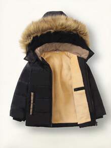 SHEIN Genkimix Kids 2pcs/Set Young Boy Thermal Lined Windproof Hooded Padded Coat, Warm Padded Coat With Pockets Young Boy Winter Coattoddler Winter Coat BoyYoung Boys Coat WinterYoung Boys Coatbaby Boy Winter Coat - Black - View 4