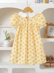 SHEIN Vintaside Kids Young Girls Elegant Sweet Cute Ditsy Floral Colorblock Peter Pan Collar Puff Sleeve Hem Ruffles Decor Casual Pastoral Princess Dress, Suitable For Holiday Party, Birthday Gift, Vacation Travel, Summer