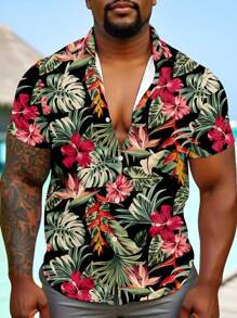 VIVINTIMO 时尚休闲成熟度假复古热带植物花卉全身数码印花图案修身短袖衬衫，大码男士，适合夏季户外度假、约会、派对，是送给男朋友的绝佳礼物 - 彩色 - 查看 5