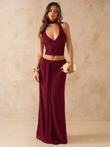 SHEIN BAE 女士日常两件套服装 - 酒紅色 - 查看 4