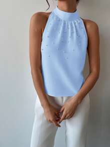 Firerie Áo thun body-con không tay màu trắng thời trang thanh lịch tối giản ngày lễ tình nhân dành cho người đi làm, xuân/hè - Màu xanh nhạt - Xem 3