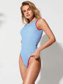 GLOWMODE Glow With The Flow Quick Dry Chlorine Resistant High Neck Back Cutout Removable Cups Colorblock Trim Full Coverage One Piece Swimsuit Swimming Beach Pool Vacation Resort Travel Summer Wear