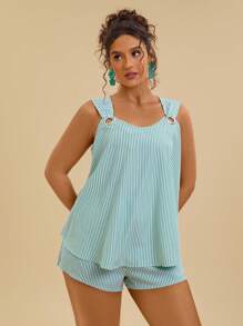Travachic Ensemble 2 pièces grande taille pour femmes - un débardeur bleu et blanc rayé et un short, pour la plage et l'été