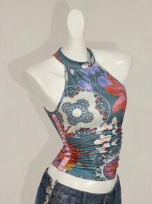 SHEIN ICON Y2k Summer Vintage Boho Concert Western Flora Ggraphic Women's Summer Sleeveless Print Halter Neck Camis