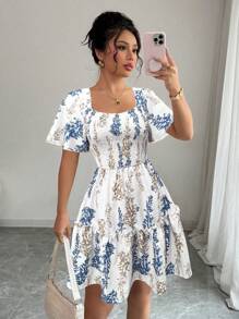 Elenzga Women's Elegant And Chic Commuter Casual Vacation Romantic Gentle Lady Ruffled Short Sleeve Square Neck Waist Fitted A-Line Hem Floral Print Mini Dress (Random Print) - White - View 3