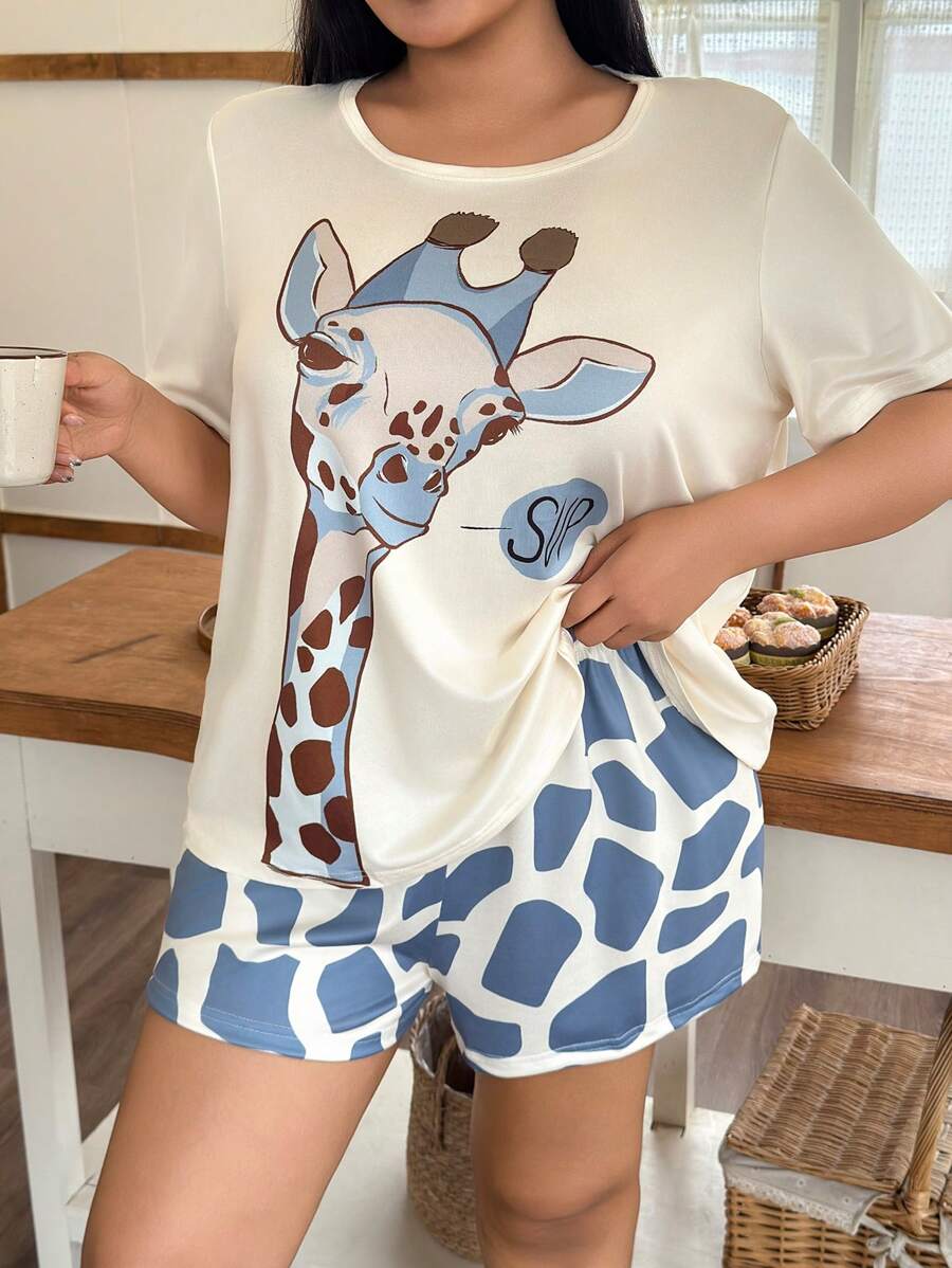 SHEIN Slumberry CURVE Plus Size Giraffe Print Casual Short Sleeve Top And Shorts Set - Blue - View 1