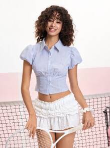 SHEIN MOD Blusa con cuello a rayas y mangas abultadas linda - Azul y blanco - Ver 4