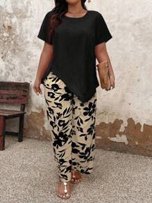 EMERY ROSE 2pcs Plus Size Women Set: Solid Color Asymmetrical Hem Top & Printed Contrast Color Pants
