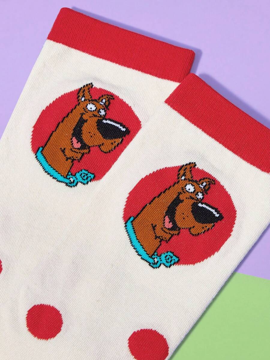 SCOOBY-DOO X SHEIN 1 Đôi tất cổ cao họa tiết chấm bi và chó con hoạt hình thời trang và dễ thương cho nữ - Nhiều màu - Xem 1