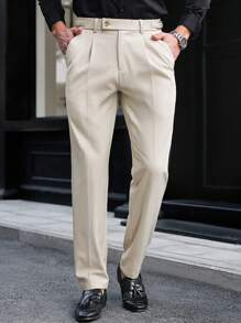 Manfinity Bizformal Men's Solid Color Pleated Straight Leg Casual Pants With Pockets, Fall