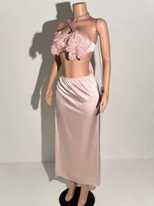 Slaydiva Women Dusty Pink Summer Tropical Beach Vacation Holiday,Satin Shiny Fabric 3D Floral Decor Strapless Backless Maxi Dress,See-Through Mesh Rhinestones - Pink - View 3