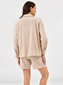 Miaspire 2 件套女士休闲宽松衬衫和短裤套装，春夏 - 卡其色 - 查看 2