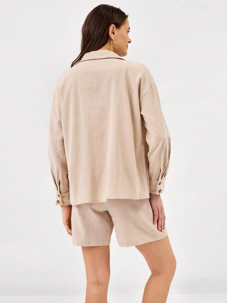 2 peças Conjunto de Camisa e Shorts Casuais de Ajuste Folgado Feminino, Primavera/Verão