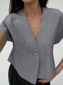 Aloruh 女式单扣休闲宽松不对称短袖衬衫 - 淺灰色 - 查看 3