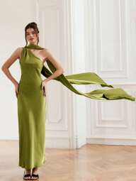 Aveloria Rosie Elegant Design Currency Breeze Brown Satin Wrap Collar Sleeveless Oblique Shoulder Dress, Suitable For Spring And Summer Long Sleeve Style Fall Cloth For Women