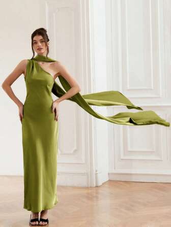 Aveloria Rosie Vestido elegante de diseño con cuello envolvente de satén marrón claro, sin mangas, hombros oblicuos, adecuado para primavera y verano