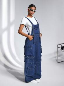 SHEIN ICON 女式实用口袋宽腿宽松休闲牛仔连体裤 - 卡其色 - 查看 5