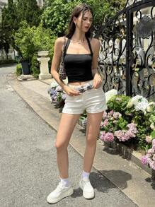 SHEIN EZwear 夏季黑色 Y2k 纯色褶饰露背上衣 约会夜上衣