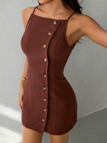 SHEIN PETITE Vestido mini de verano casual para mujer con botones delanteros y tirantes de unicolor - Marrón - Ver 7