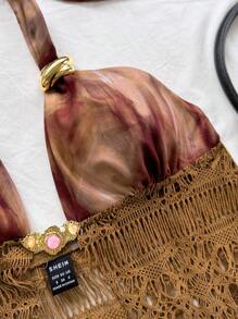 Soleia Parte superior sin mangas con cuello de halter, tejida en tela de malla calada con estampado retro de teñido anudado, con decoración de hebilla metálica y dobladillo en línea A, elegante y sexy para fiestas, citas, festivales, playa, verano