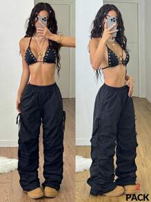 Coolane 2pcs Women Summer Fashion Solid Color Camisole Top And Pants Set - Black - View 1