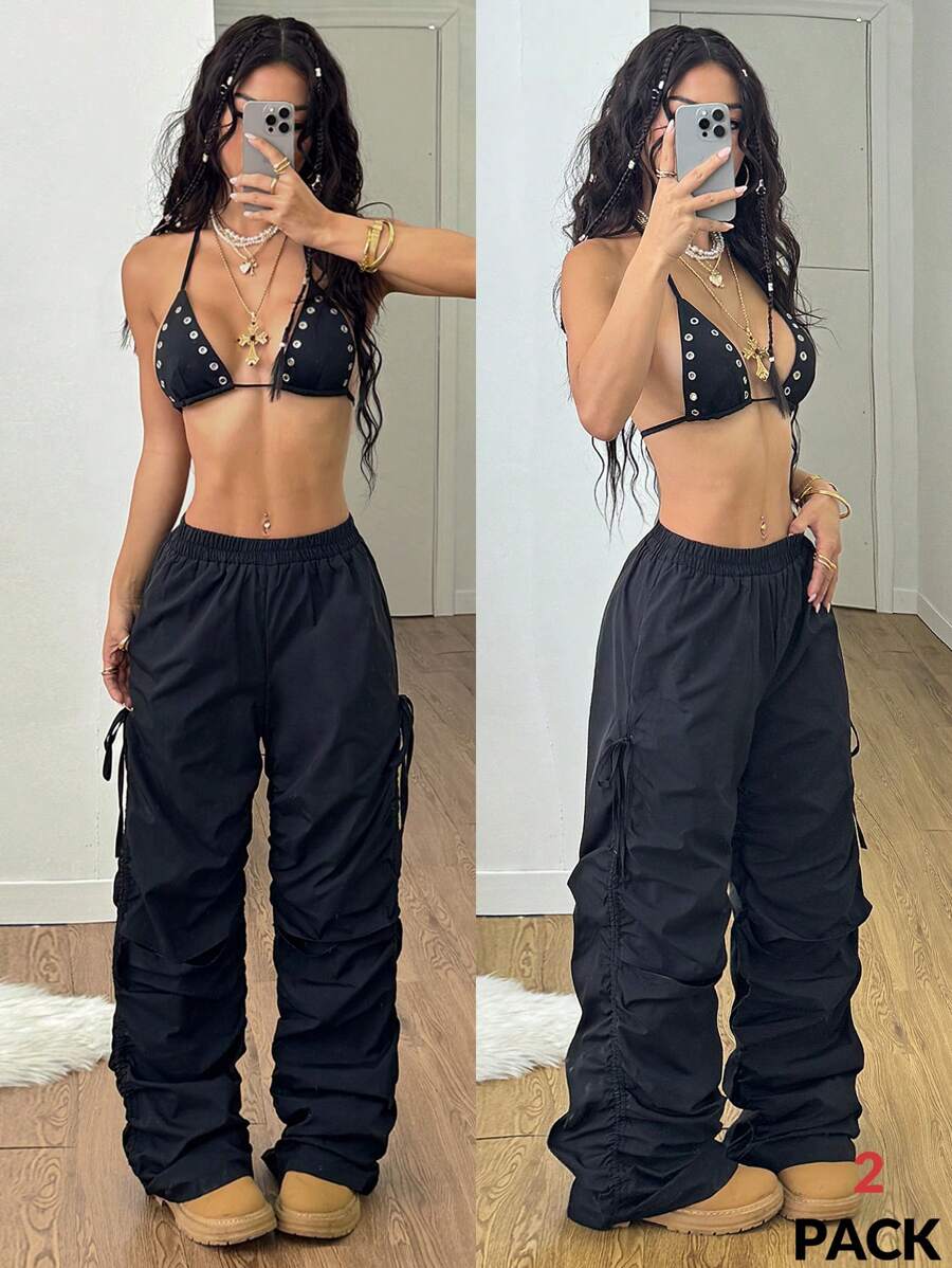 Coolane 2pcs Women Summer Fashion Solid Color Camisole Top And Pants Set - Black - View 1