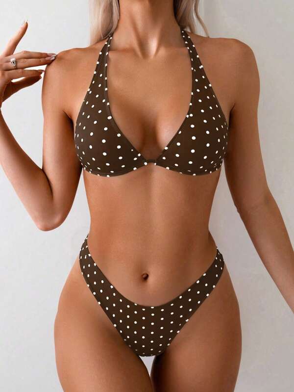 Swim Basics 2pcs Women Polka Dot Print Bikini Set, Two Pieces Bikini Set, Casual & Vacation Style For Summer