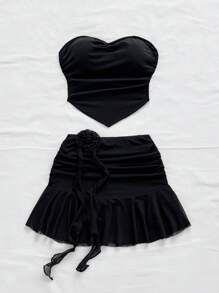 Soleia Women Two Pieces Outfits For Daily Wear Skirt And Top Set Tube Top Sets Beach Skirt Set - Black - View 3