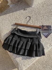 Comfortcana Women's Washed Distressed Knitted Double Ruffled Cake Skirt Suitable For Music Festivals, Daily Wear And Vacation - Black - View 6