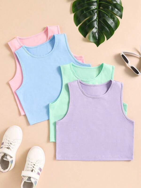 SHEIN Top sin mangas informal de unicolor con cuello redondo para niñas preadolescentes, de verano