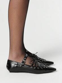 ROMWE Women's Dark Punk Goth Mary Jane Shoes, Closed Toe, Pointed Toe, Sexy Crisscross Strap, Formal Work Flat Shoes, Halloween - Black - View 5
