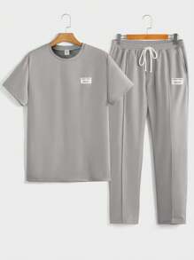 SHEIN 2 Pieces Set: Teen Boys Casual Loose Comfortable Solid Color Versatile Short Sleeve Top & Straight Leg Pants - Grey - View 5