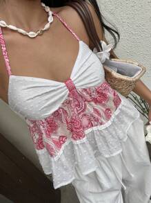 Flirla 女士佩斯利拼布细肩带上衣，休闲夏日度假风，娃娃装上衣 - 彩色 - 查看 6