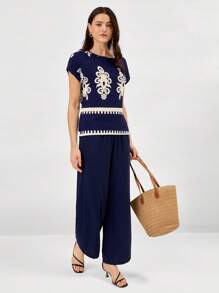 Miaspire Two Pieces Summer Set Bohemian-Style Printed Top & Casual Solid Color Pants Set, Suitable For Beach Vacations