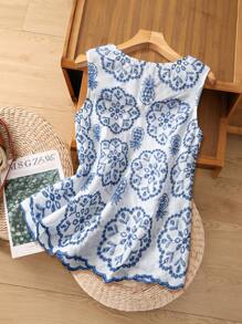 Rusticease 女士节日花卉刺绣V领无袖衬衫 - 藍白色 - 查看 6