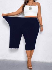 EMERY ROSE Plus Size Women Casual Ruffle Trim Wide Leg 3/4 Pants - Navy Blue - View 6