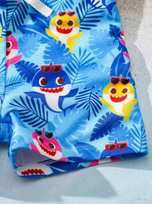 BABY SHARK X SHEIN 小男孩卡通鲨鱼和植物图案泳裤 - 藍色 - 查看 5