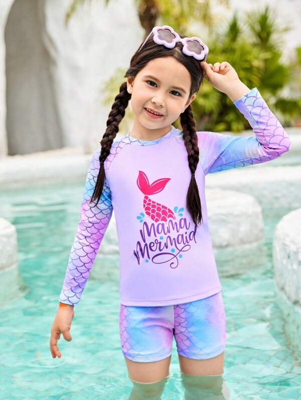 Bikini dividido para niñas con diseño de cola de sirena con estampado de escamas de pescado digital, incluye top de tirantes y shorts, hecho de tela de punto