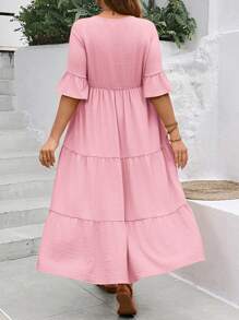 EMERY ROSE Vestido largo amarillo con cuello en V profundo, mangas con volantes y bajo con varios volados para mujer talla grande de verano - Rosa - Ver 2