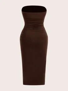 SHEIN EZwear 女式多色褶饰开衩至大腿抹胸紧身针织连衣裙 - 棕色 - 查看 6