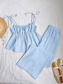 Comfortcana Set de 2 piezas de chaleco y pantalones de lino, conjunto de moda de verano - Azul - Ver 3