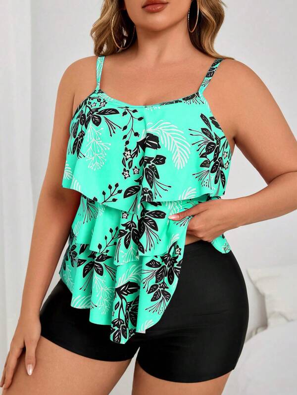 Swim Lushoire Plus Size 2pcs Set, Loose Floral Print Crop Top & Random Plant Pattern High Waist Shorts Bikini Swimsuit Set For Women