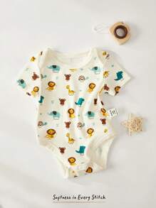 Cozy Pixies 新生女宝宝卡通动物印花柔软针织圆领短袖连体衣