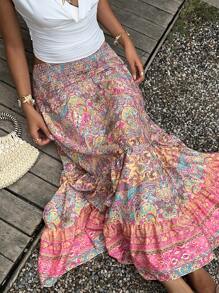Sunnyshic Paisley Print Boho Style Long Skirt With Layered Ruffles Hem, Waistband, Elegant Ladies Summer Casual/Beach Skirt - Multicolor - View 5
