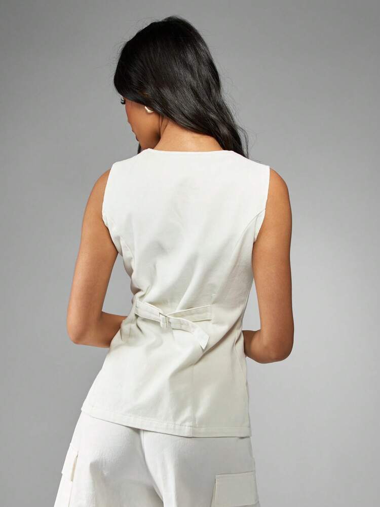 MISSGUIDED Sleeveless Denim Waistcoat Button Front Utility Vest With Back Belt Detail Classic All Season Outerwear Modern Styling Flattering Fit