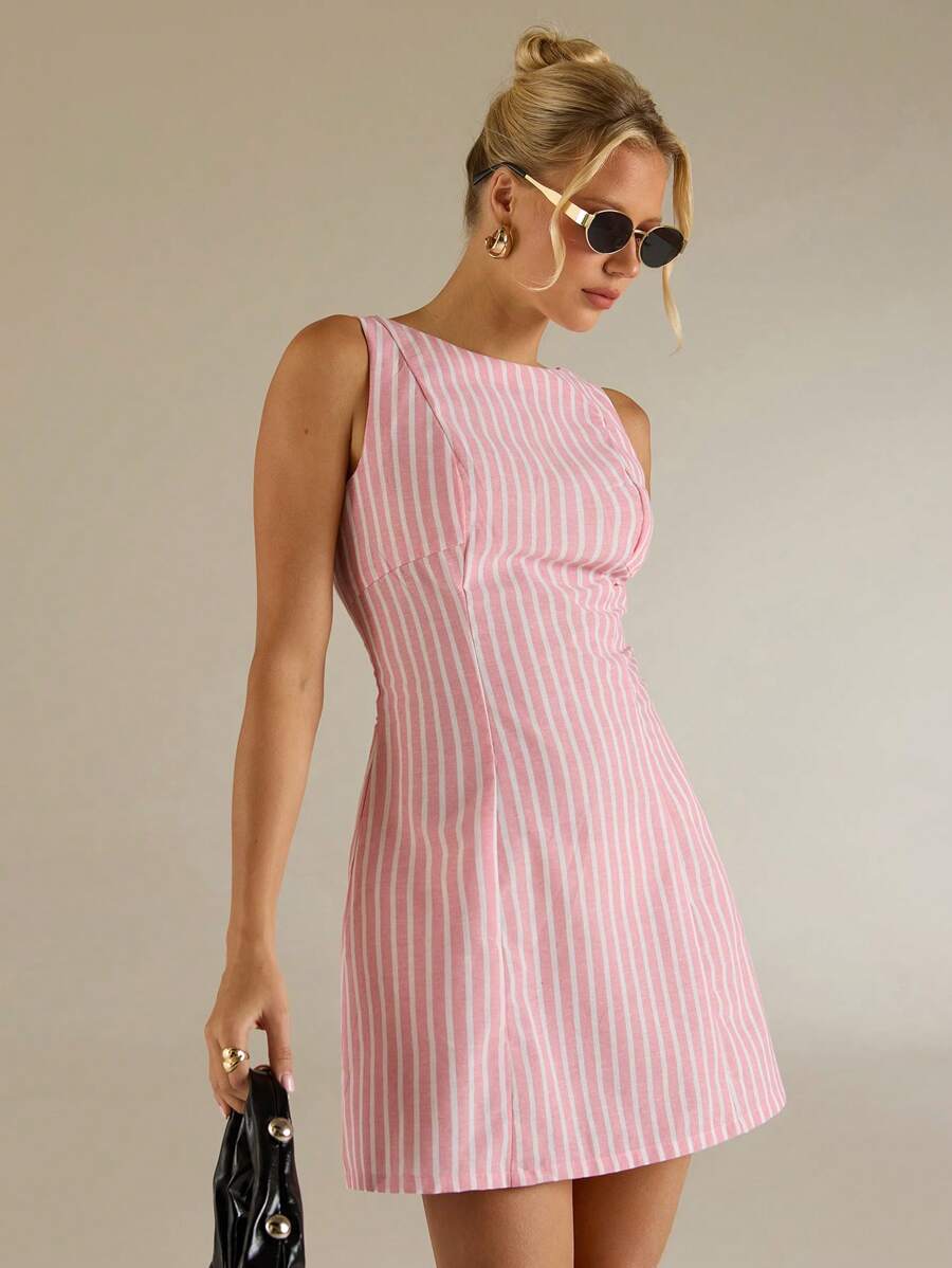Sherry Striped Button Up Belted Long Sleeve Mini Dress - Pink main image 1
