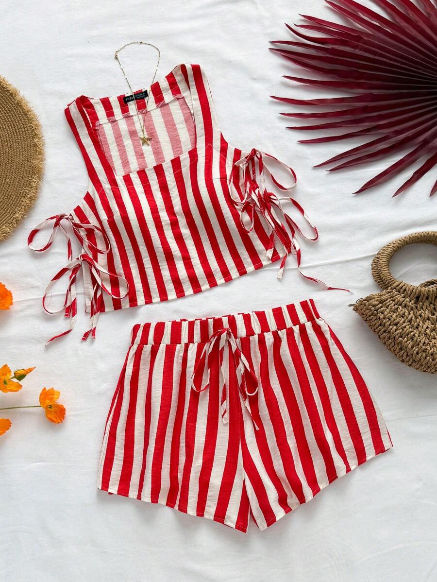 Soleia 女士度假风绿白条纹侧蝴蝶结吊带背心和宽松休闲短裤，夏季海滩婚礼西方音乐节波西米亚风两件套 - 紅白色 - 查看 1